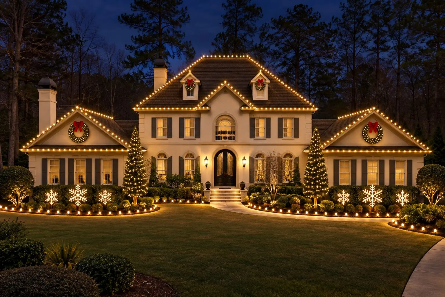 Two-story home outlined in warm white Christmas roofline lights at night
