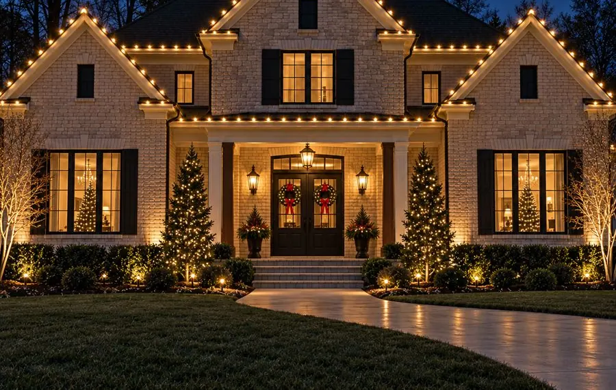 Stone and brick home with lit gables and entry